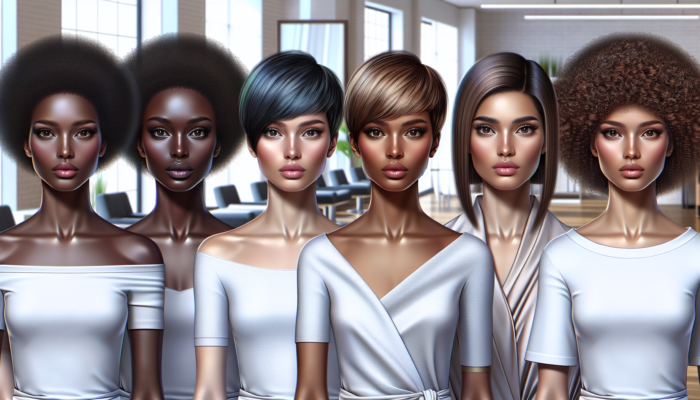 Women showcasing short hairstyles specifically tailored to their face shapes in a contemporary salon.