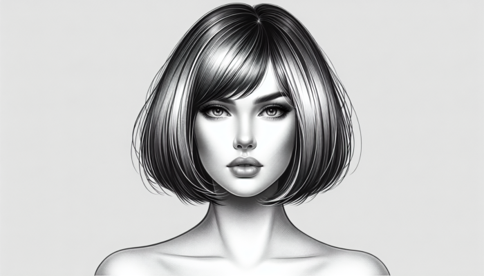 Woman with an oval face sporting a blunt bob, characterised by sharp lines, a chic modern vibe, subtle layers, and side-swept bangs.