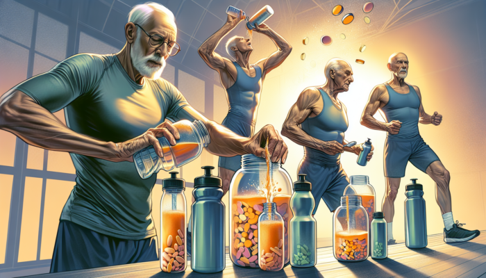Elderly athletes using hydration supplements in powders and tablets to boost hydration during sports.