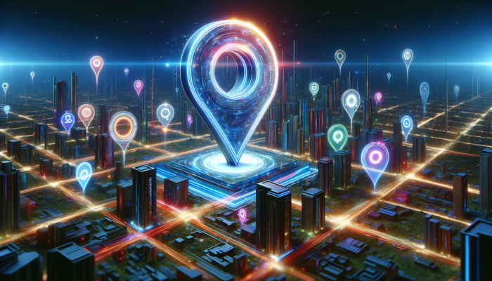 A vibrant digital cityscape with a glowing Bing Places sign, surrounded by search icons and business markers, emphasizing SEO and visibility.