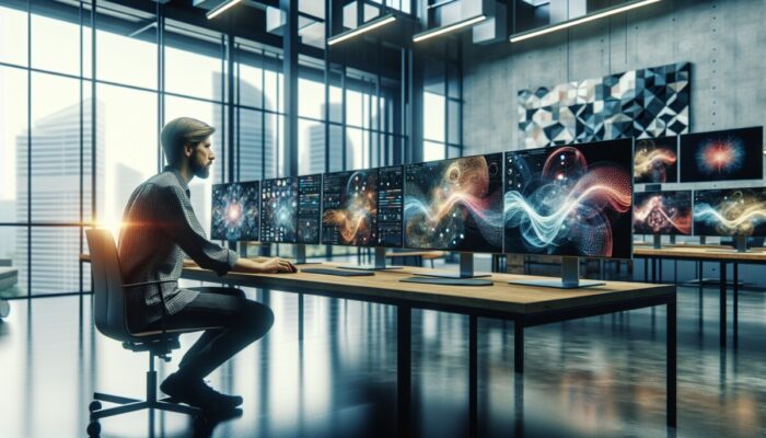 A person comparing data on multiple screens in a modern office, using comparison websites.