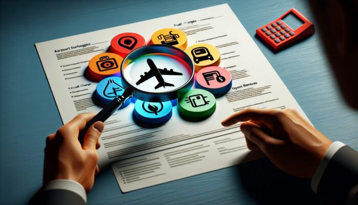 Person using magnifying glass to reveal hidden fees in car rental agreement, surrounded by fee symbols.