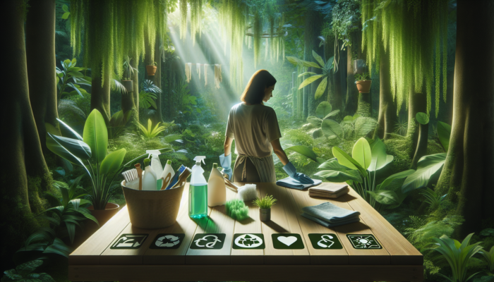 Person using eco-friendly cleaning methods with green plants, natural light, and biodegradable products on a wooden table.
