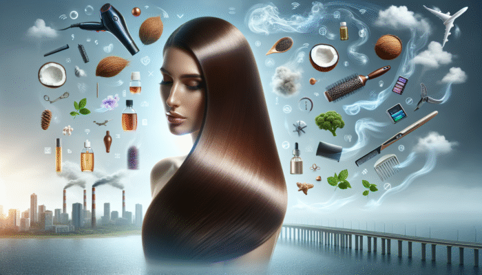 Woman showcasing glossy, repaired hair using coconut and argan oil, combating environmental stressors and styling damage.