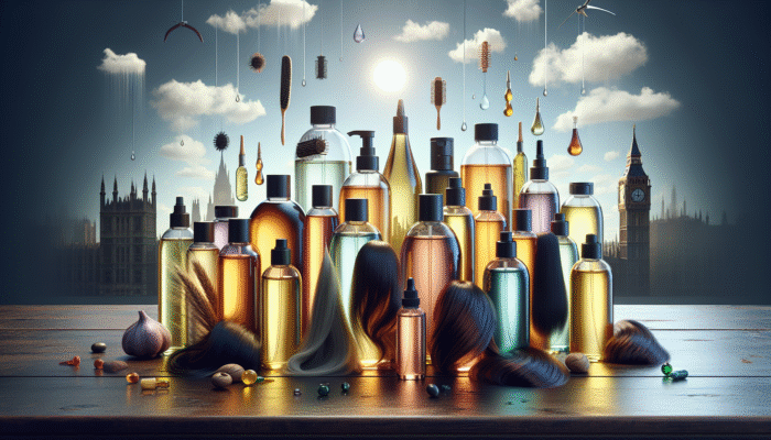 Various bottles of hair oils on a wooden table, labelled with benefits for different hair types, set against a UK weather backdrop.