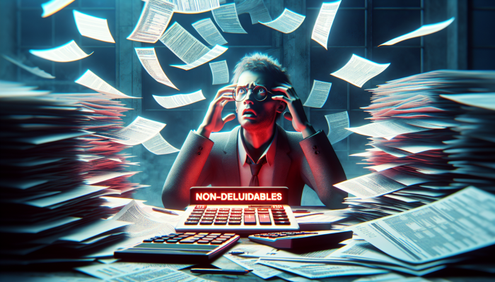 Understanding the Tax Deductibility of Debt Consolidation Fees: A Comprehensive Guide | DCL A person looking puzzled amidst scattered documents and calculators, with a tax form highlighting non-deductible fees in red.