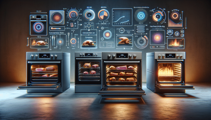 Visual representation of various oven types including conventional, convection, and gas ovens, demonstrating their heat distribution and cooking efficiency with roasting meats.