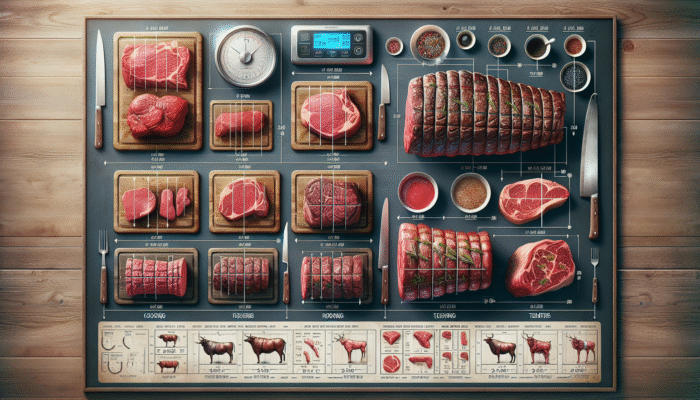 Beef roasts of various sizes and shapes displayed on a counter, accompanied by a scale and cooking chart for reference.