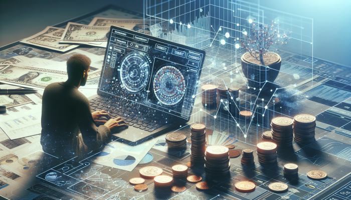 Person analyzing DMP fees and savings on a cluttered desk with charts, laptop, and coins.