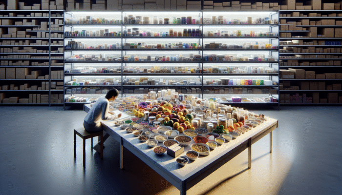 A person organising diverse items into labelled categories on a table, with neatly sorted shelves around.