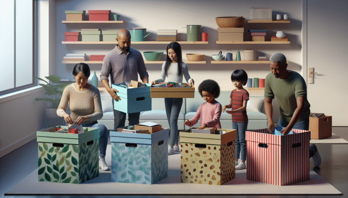 Leicester House Clearance: Family sorting items into labelled boxes for keeping, donating, selling, and discarding in an organised living room.