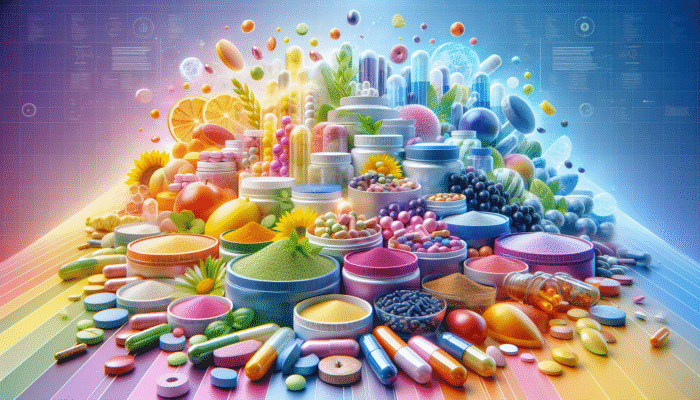 An extensive selection of dietary supplements in capsules, tablets, and powders against a lively background.