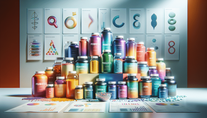 A diverse collection of specialty supplement bottles featuring probiotics, omega-3, and protein powders against a health-oriented backdrop.