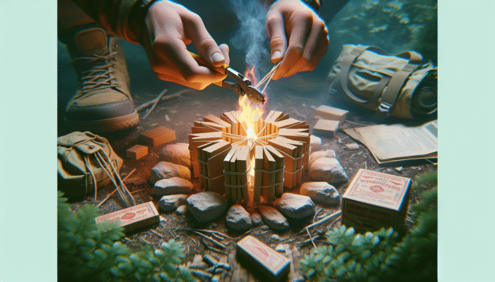 Compact firestarters igniting quickly in the wilderness, used by camper to start campfire.