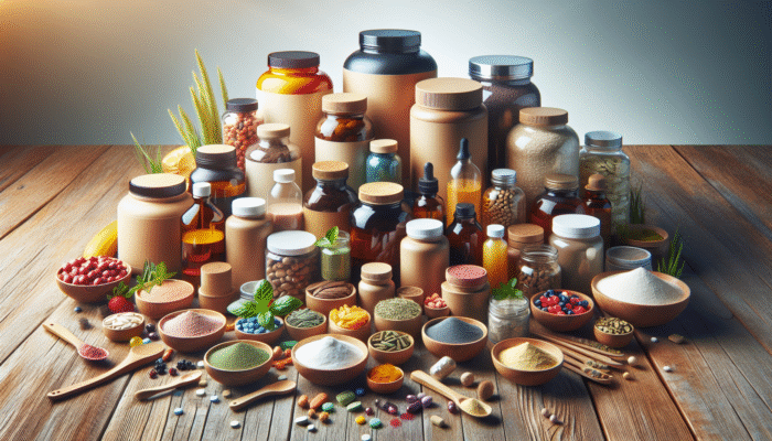 Various supplement bottles and natural ingredients for recovery displayed on a wooden table.