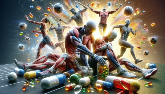 Athletes recovering with glowing Vitamin C, E, magnesium, and zinc capsules, aiding in muscle and joint repair.
