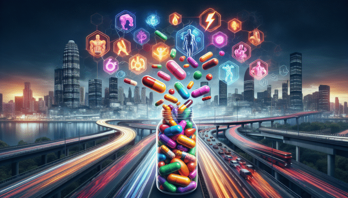Multivitamin capsules spilling from a bottle, with energy symbols and a city backdrop.