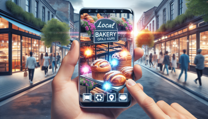 A local bakery's Google My Business profile on a smartphone, showcasing pastries, hours, and reviews, on a lively street.