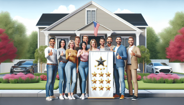 Satisfied homeowners giving thumbs-up in front of their home, displaying a banner with top-rated home service logo and reviews.