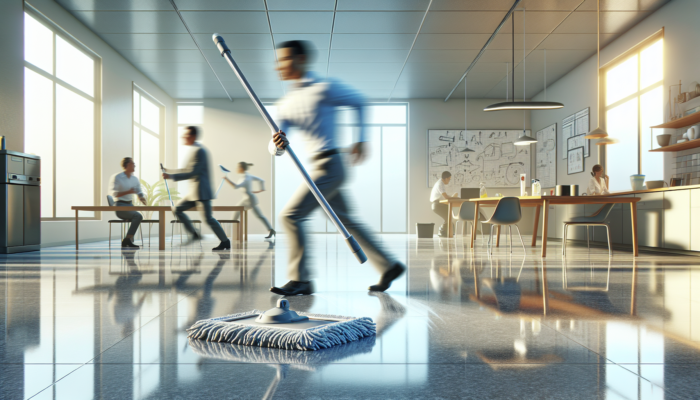 A modern spray mop efficiently cleaning a stone floor, highlighting convenience and effectiveness in a busy home.