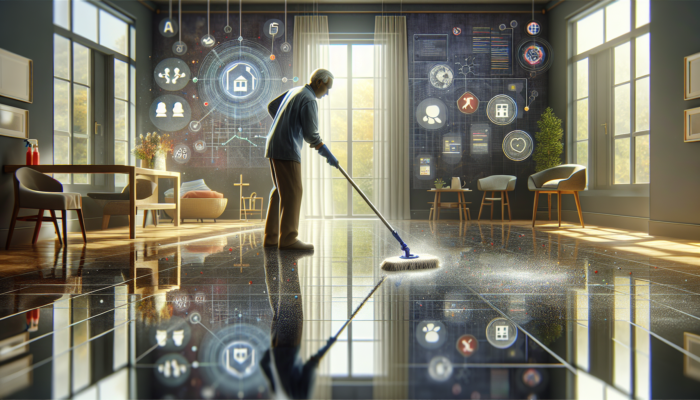 Individual using spray mop on shiny stone floor, ensuring safety in a home with children and elderly residents.