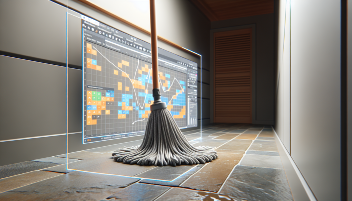 A high-quality microfiber mop head effectively cleaning a stone floor, reaching corners and trapping dirt.