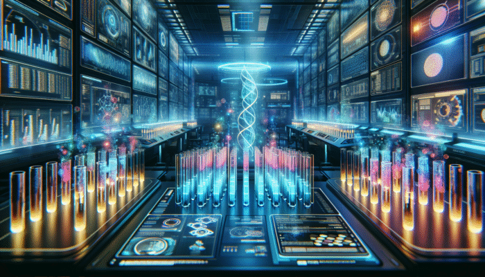 A futuristic laboratory featuring glowing test tubes and digital screens displaying protein absorption data.