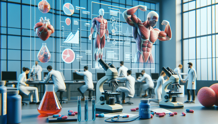 Researchers analysing muscle tissue samples under microscopes, accompanied by charts and protein supplements.