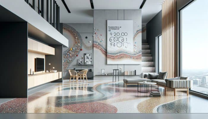 Revitalising Terrazzo Floors: Modern interior featuring vibrant, swirling terrazzo flooring in a sleek, contemporary apartment.
