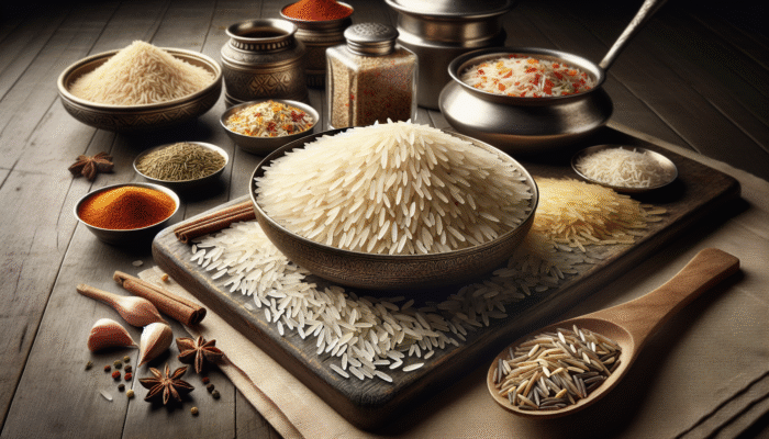 Aromatic basmati and seeraga samba rice surrounded by spices and biryani utensils, highlighting texture and fragrance.