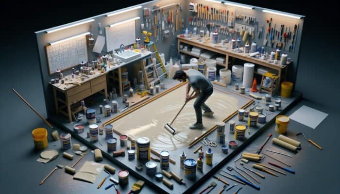 Individual applying waterproof sealant with tools and materials in an orderly workspace.