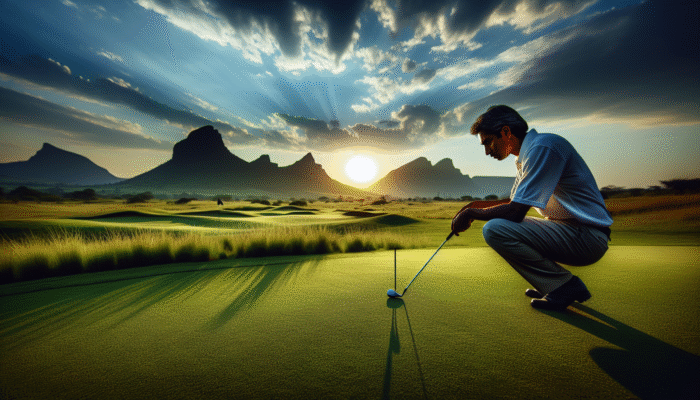 Golfer assessing the contours of a South African green at sunset, with mountains in the background.