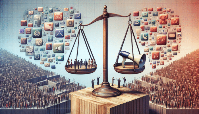 A scale balancing a megaphone and people conversing, symbolising the equilibrium between promotion and interaction on Reddit.