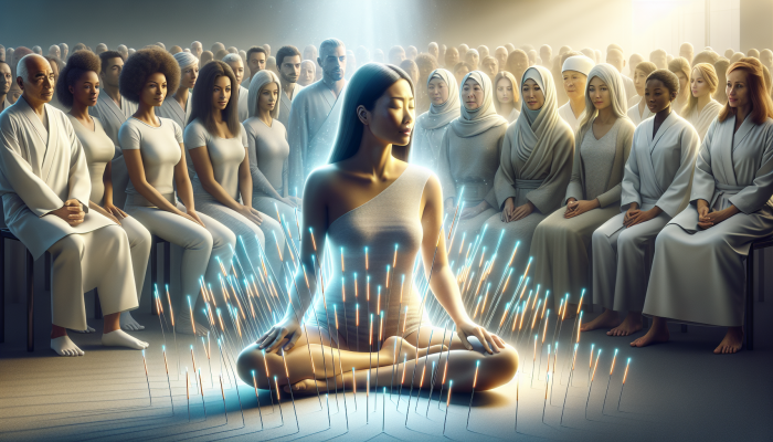 A tranquil Asian woman receiving acupuncture, surrounded by glowing needles, with an observing diverse crowd.