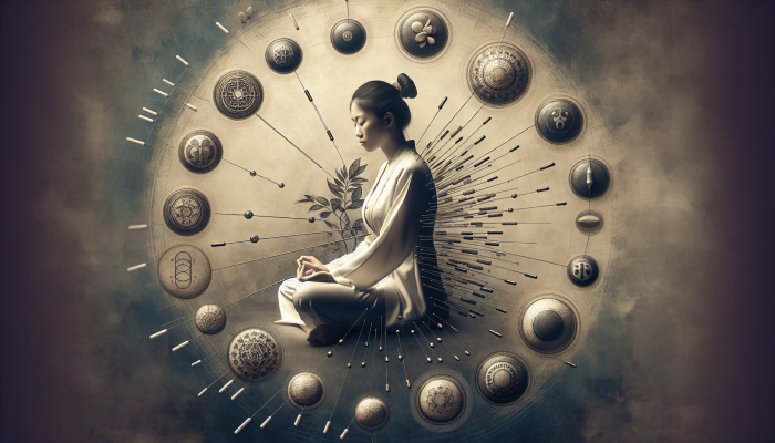 A calm Asian woman receiving acupuncture, surrounded by symbols of acupressure, reflexology, and cupping.