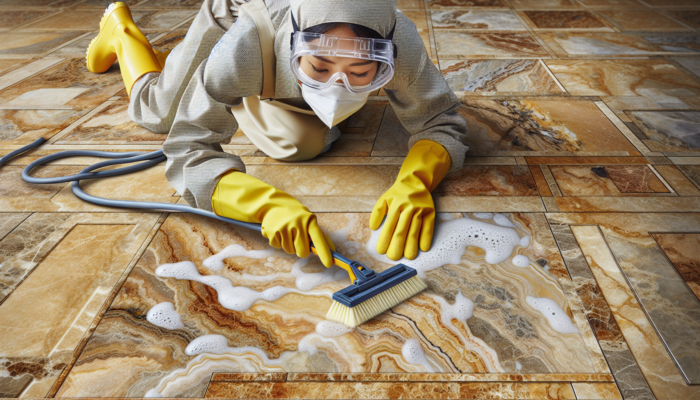 A close-up of well-maintained travertine tiles with a person using cleaning tools, highlighting the importance of consistent care.