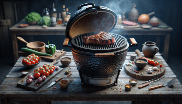 A kamado grill on a patio grilling a perfect steak with a seared crust and juicy interior.