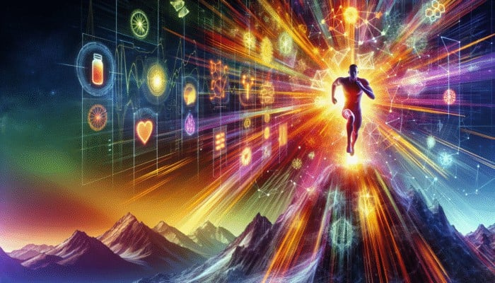 An individual sprinting up a mountain, surrounded by vibrant energy supplements against a lively backdrop.