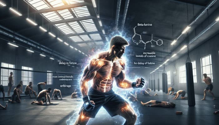 MMA fighter undergoing intense training, muscles glowing from the effects of beta-alanine, effectively delaying fatigue.