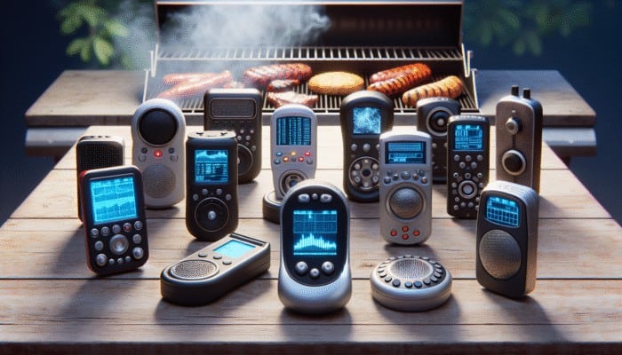 A variety of BBQ flavor scanners on a wooden table, ranging from simple handheld to advanced models, positioned near a smoky grill.