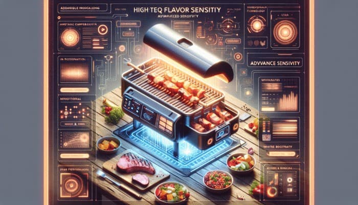 High-tech BBQ flavor scanner displaying detailed profiles for meats and vegetables on a modern interface at an outdoor grilling setup.