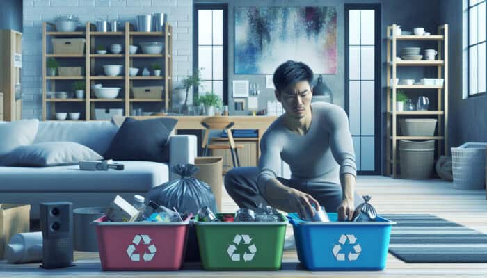 Individual sorting items into recyclable, reusable, and waste categories in cluttered living room, kitchen, and bedroom during winter.