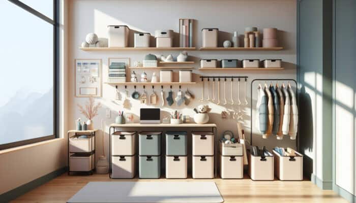 A minimalist room showcasing organised storage solutions including bins, shelves, hooks, and labelled containers for seasonal items.