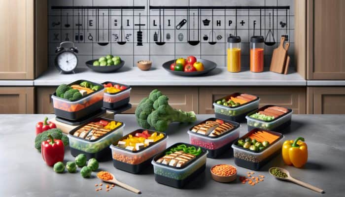 A variety of meal prep containers featuring protein-rich foods like chicken, tofu, lentils, and salmon.