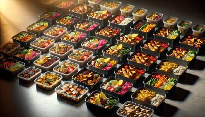 Diverse meal prep containers showcasing protein-rich foods like chicken, tofu, quinoa, and lentils on a modern kitchen counter.
