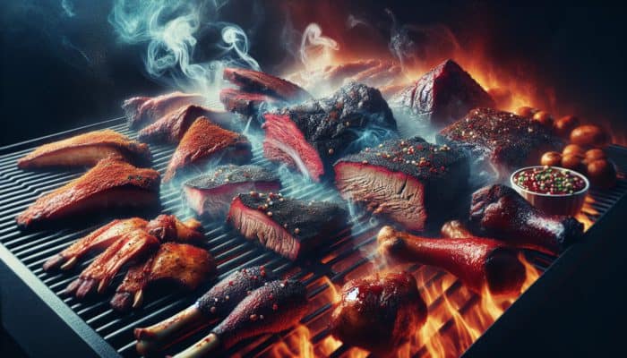 BBQ meats on the grill, coated in flavourful rubs and marinades, surrounded by swirling smoke.