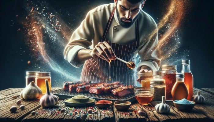 BBQ chef balancing sweet and savoury flavours while grilling meats with vibrant rubs and marinades.