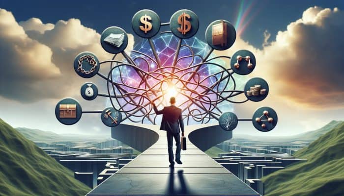 Key Terminology Essential to Understanding Debt Consolidation: A Beginner's Guide | DCL A person confidently navigating a clear path through a complex financial landscape with labelled signposts under a bright sky.