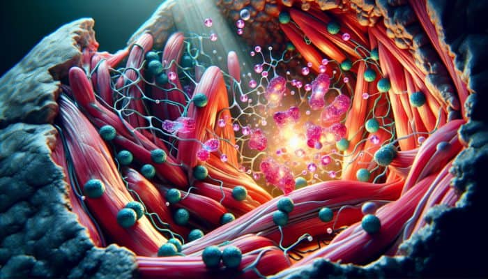 Microscopic view of muscle fibres repairing and growing with glowing glutamine molecules highlighting protein synthesis.