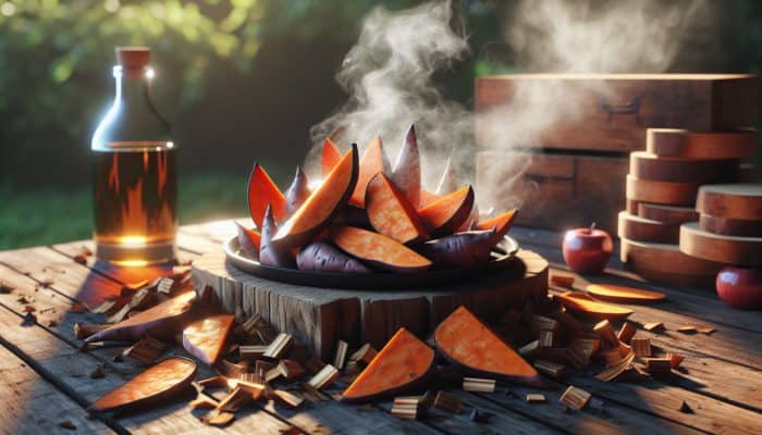 Smoky sweet potato wedges on a wooden table surrounded by hickory and applewood chips, enveloped in aromatic smoke under sunlight.